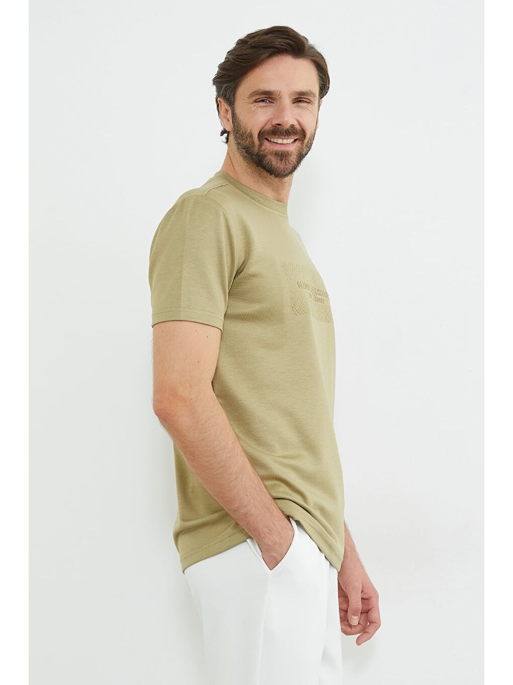 Yeşil Slogan Baskılı Bisiklet Yaka Tişört-3