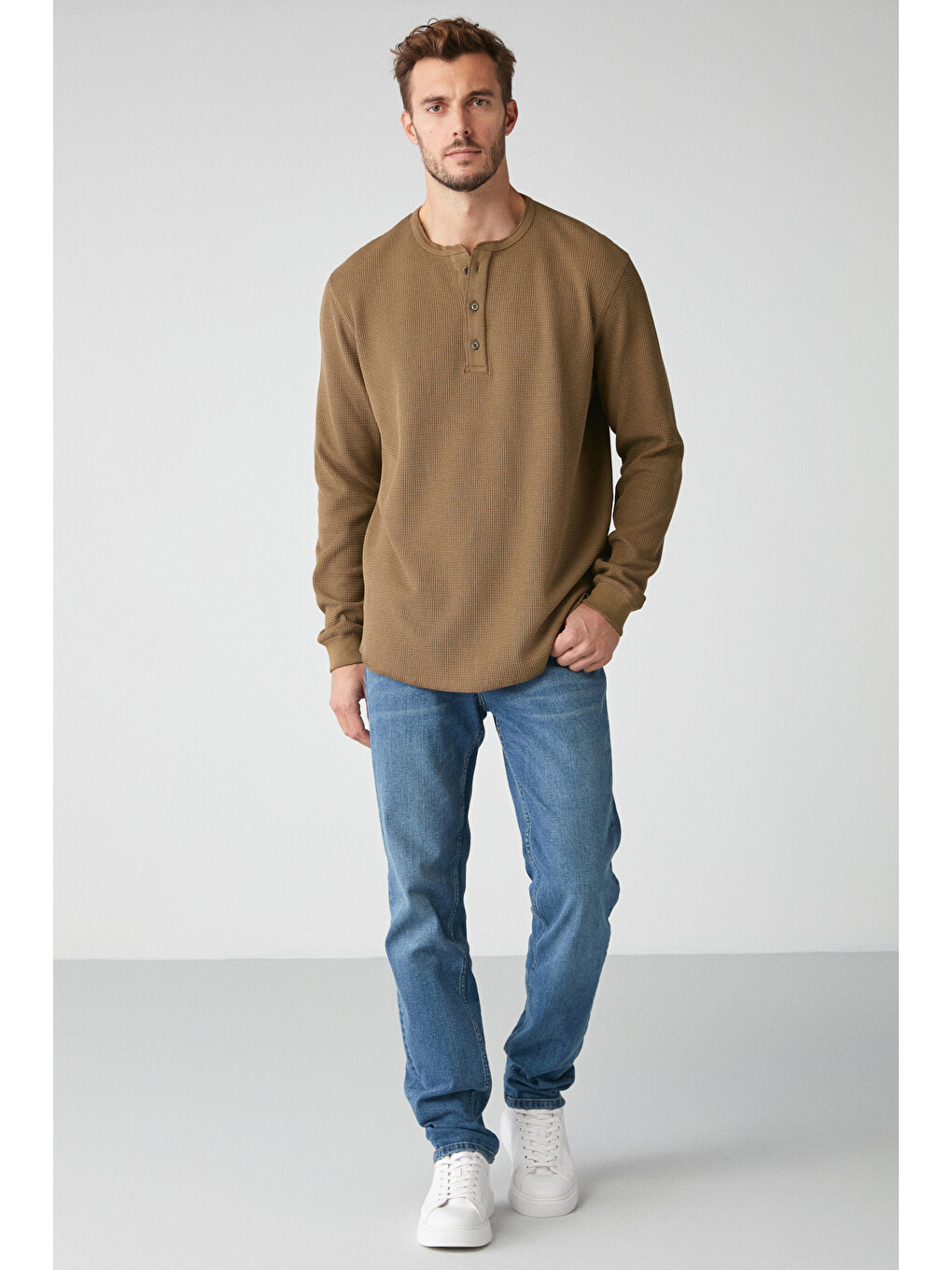 Patrıck Erkek Triko Waffle Özel Dokulu Kalın Premium Kumaşlı Düğme Detaylı Haki T-shirt-4
