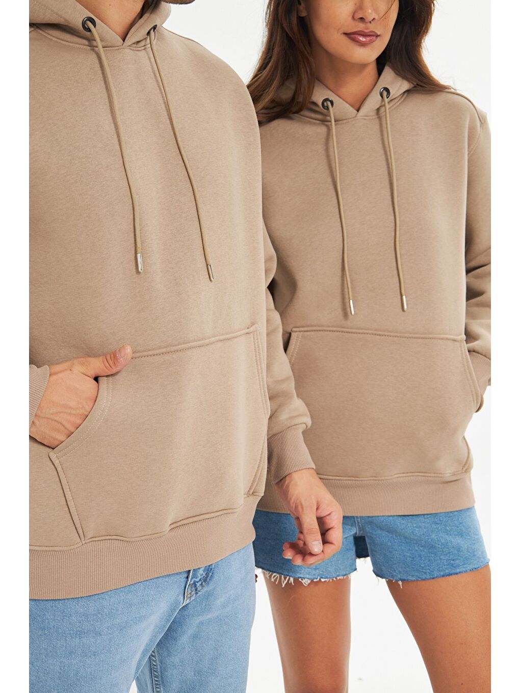Bej Unisex Oversize Kanguru Cepli Sweatshirt-1