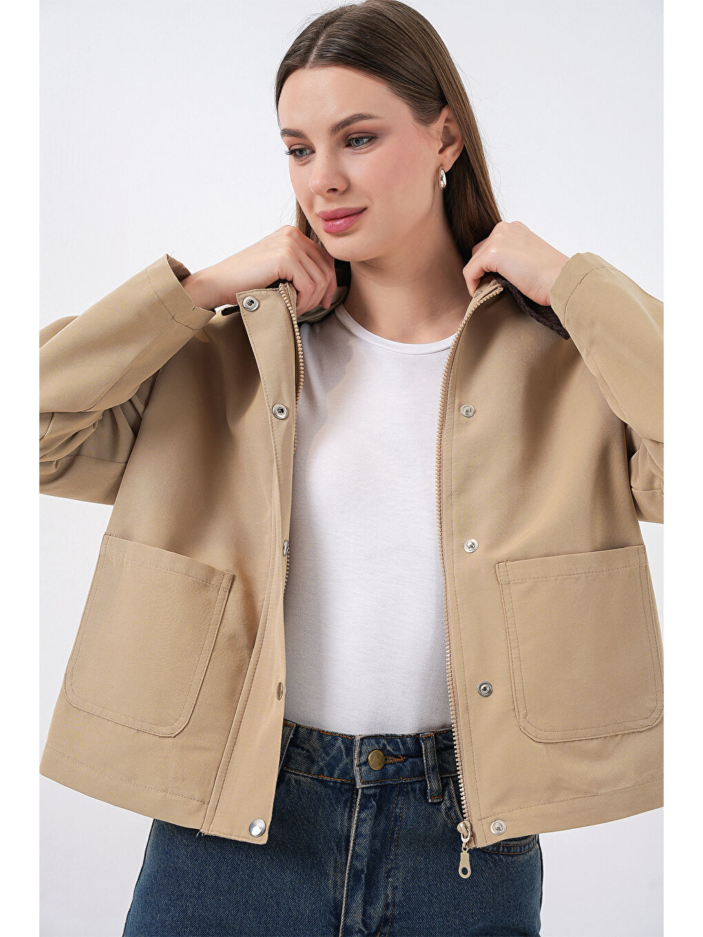 Bej Kadın Cep Detaylı Kısa Ceket 5975 - Bisküvi-3