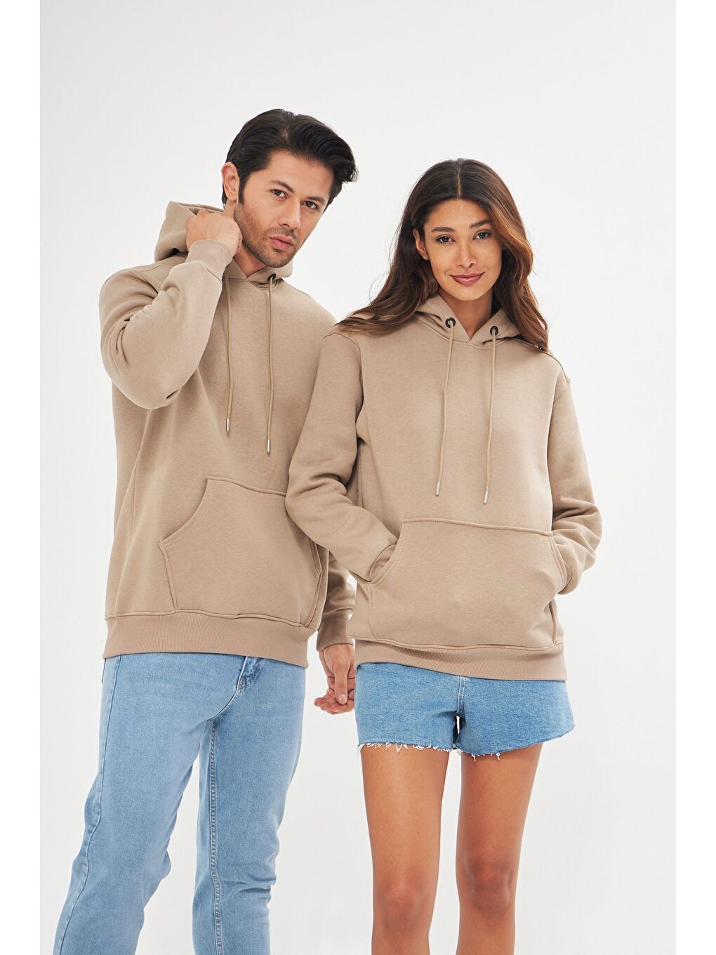 Bej Unisex Oversize Kanguru Cepli Sweatshirt-2