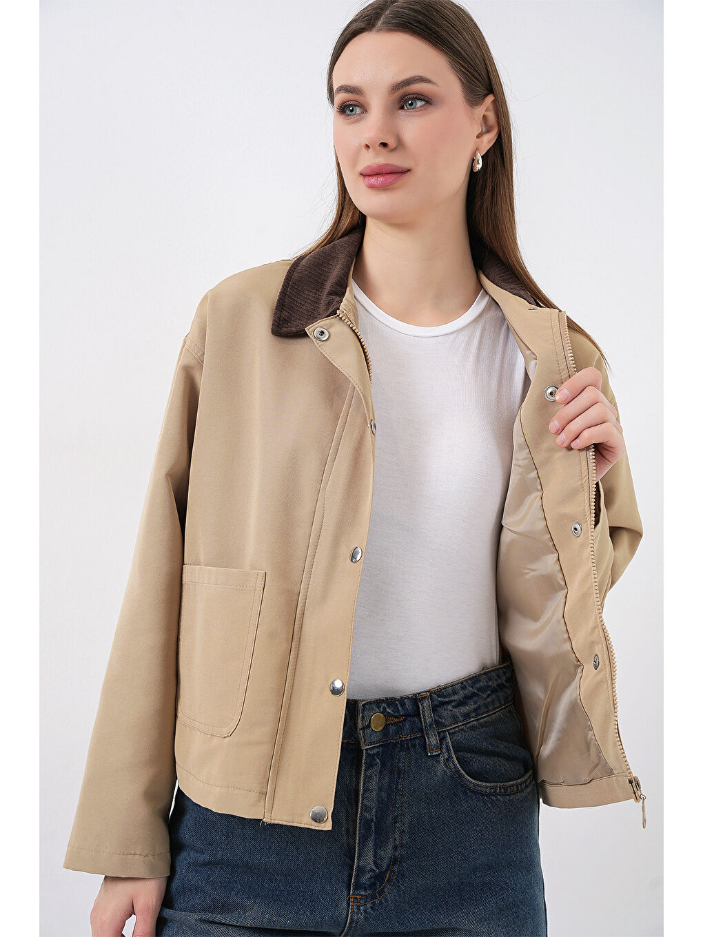 Bej Kadın Cep Detaylı Kısa Ceket 5975 - Bisküvi-5