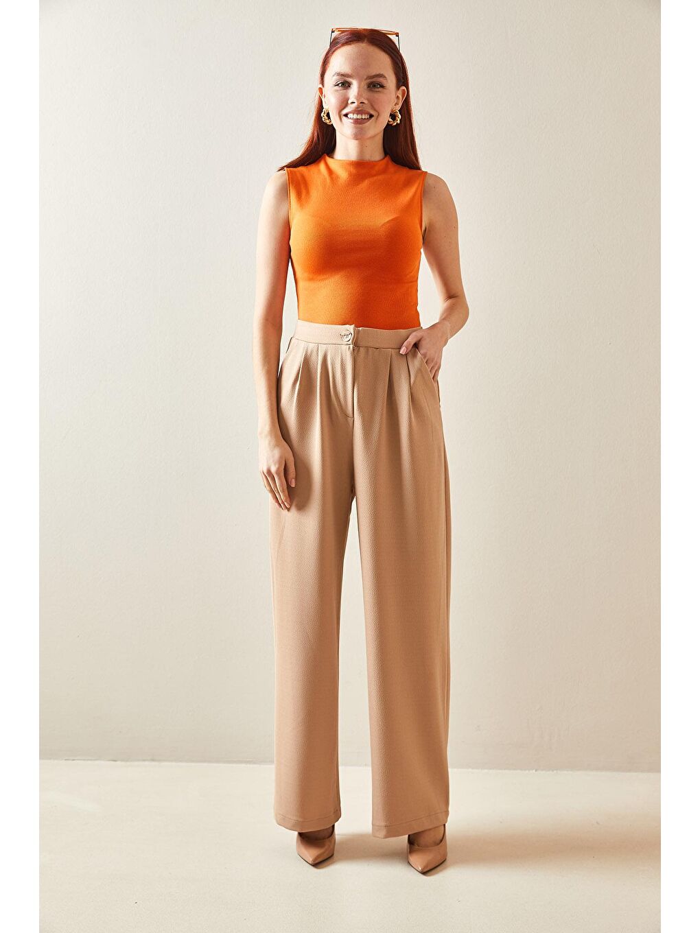 Kahverengi Camel Pens Dikişli Yüsek Bel Palazzo Pantolon 5YXK5-48185-53-1