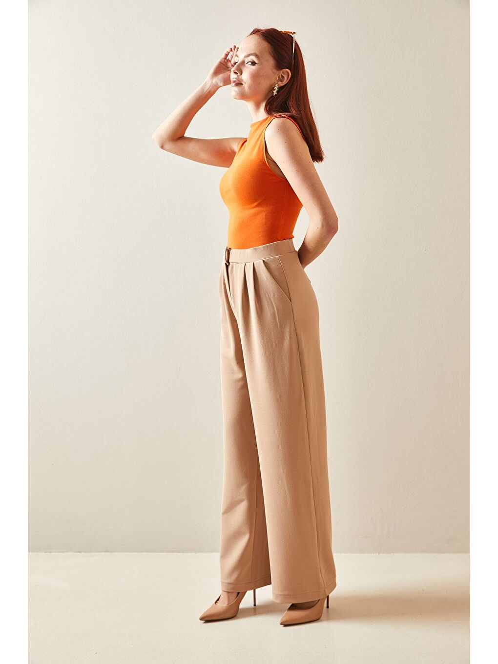 Kahverengi Camel Pens Dikişli Yüsek Bel Palazzo Pantolon 5YXK5-48185-53-2