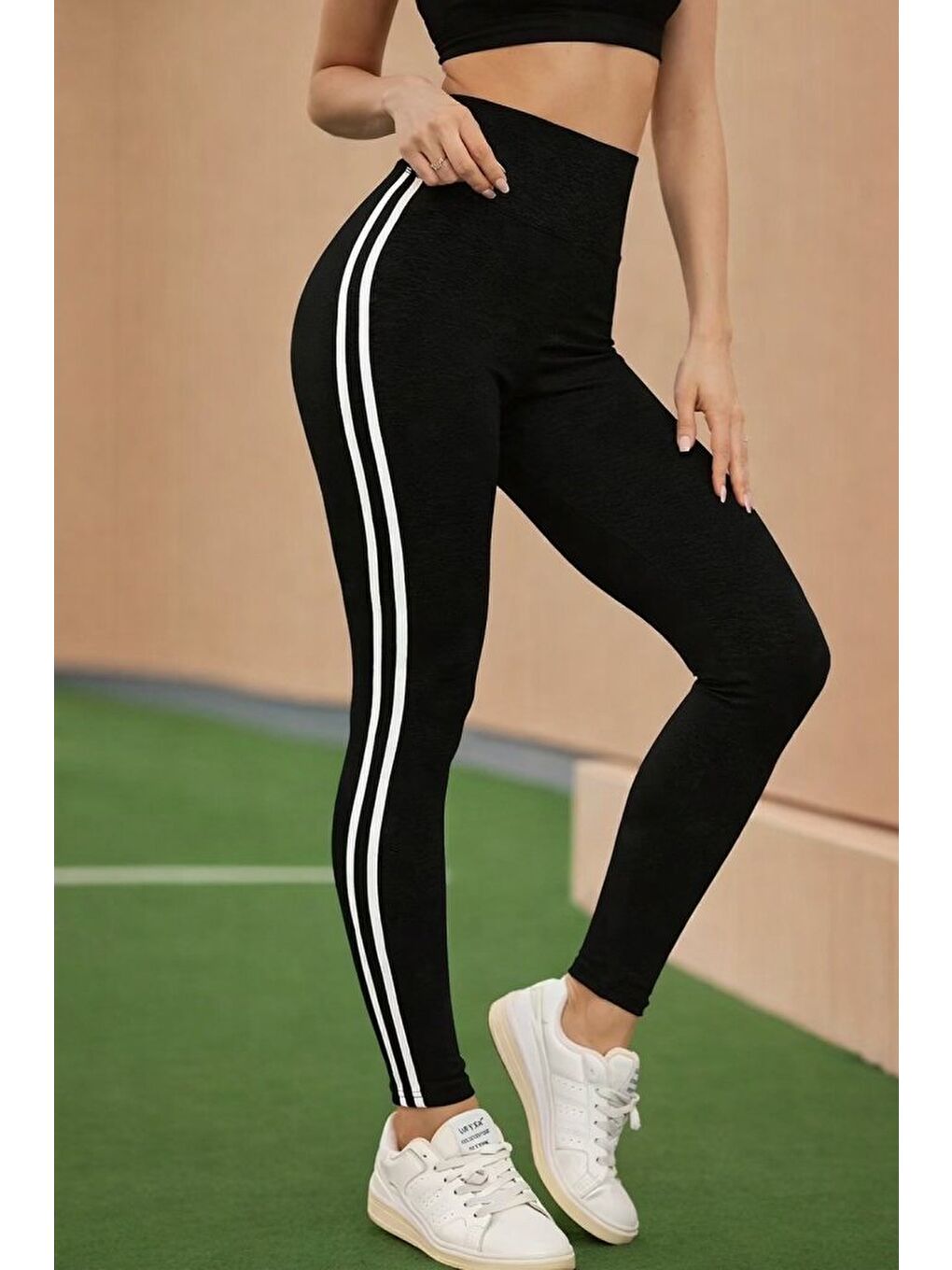 Siyah Kadın Yüksek Bel Yanları şerit Detaylı Uzun Sporcu Tayt-2