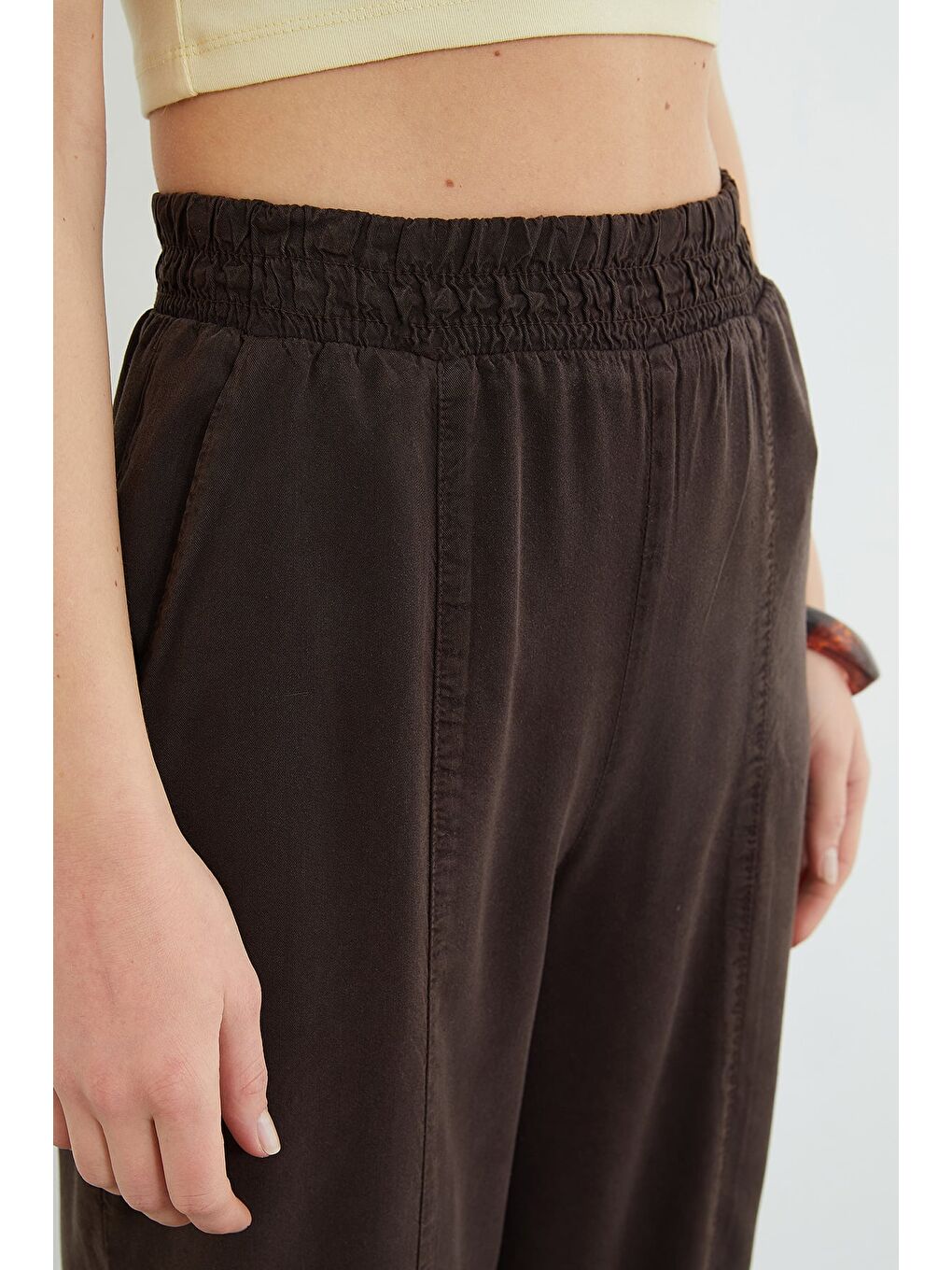 Kahverengi Beli Lastikli Nervür Dikişli Şalvar Pantolon-4