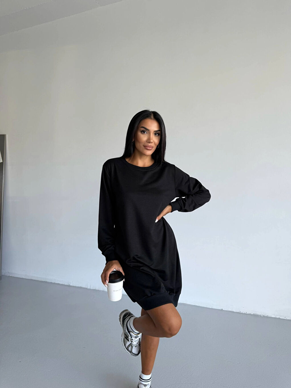 Kadın Siyah Bisiklet Yaka 2 iplik Günlük Rahat Elbise HZL25W-FRY123451