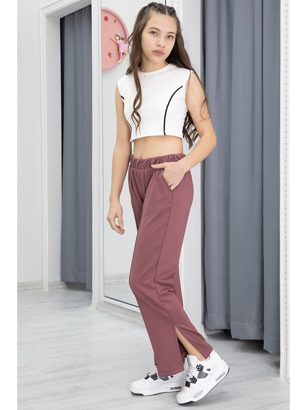 Pembe Gül Kurusu Geniş Paça Yırtmaçlı Kız Çocuk Kumaş Pantolon 20286-3