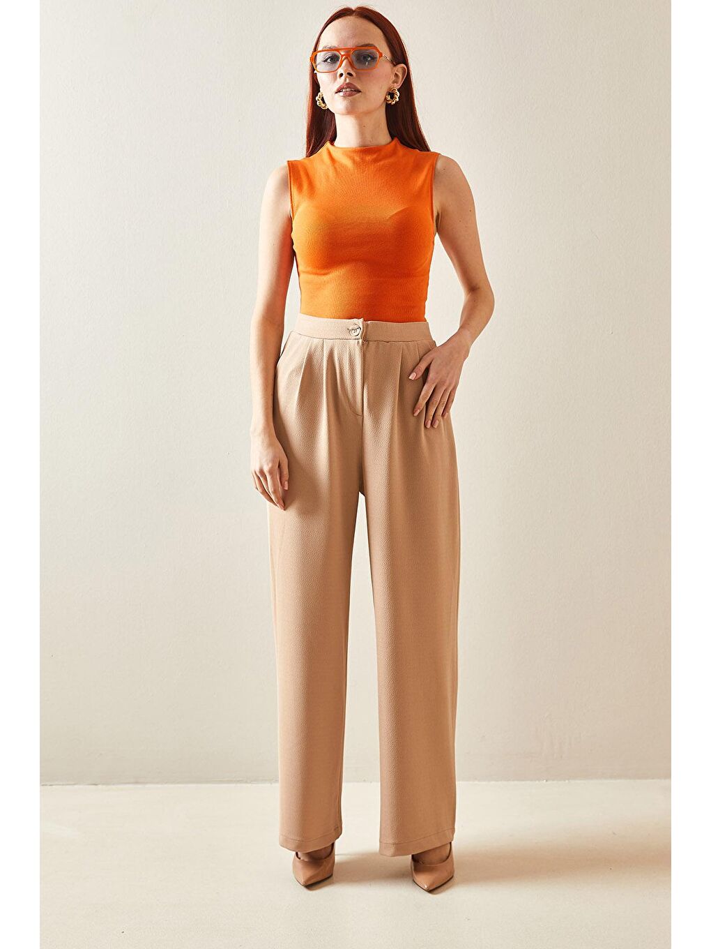 Kahverengi Camel Pens Dikişli Yüsek Bel Palazzo Pantolon 5YXK5-48185-53-3