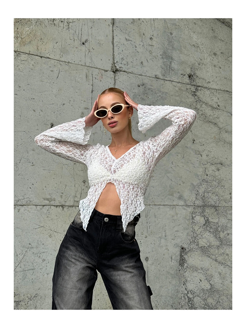 Kadın Beyaz Önü Büzgülü İspanyol Kol Tül Bluz HZL24S-ZK13381-4