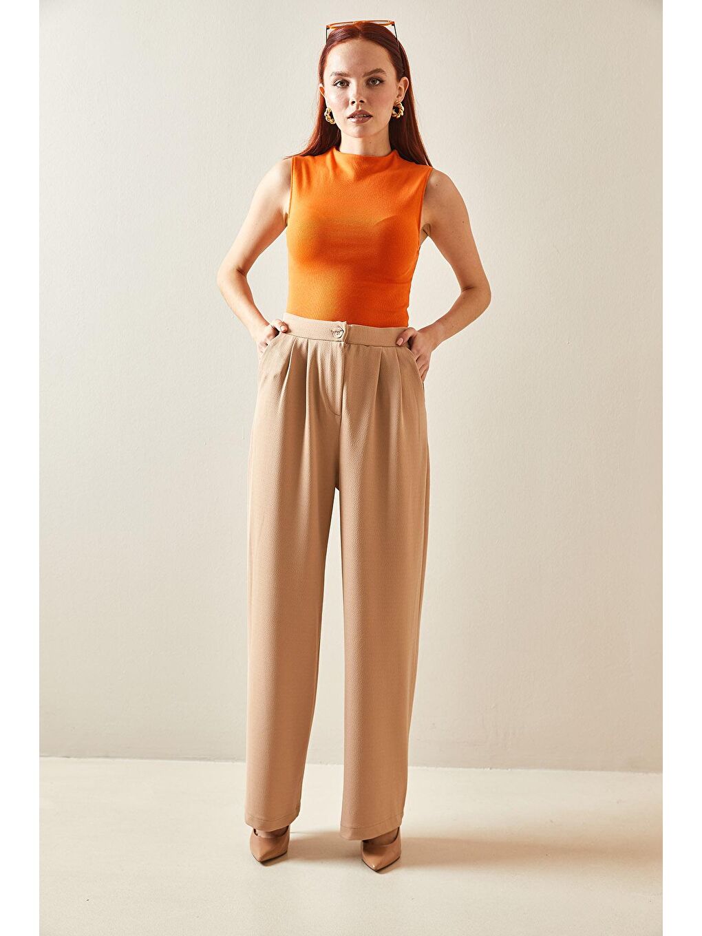 Kahverengi Camel Pens Dikişli Yüsek Bel Palazzo Pantolon 5YXK5-48185-53-4
