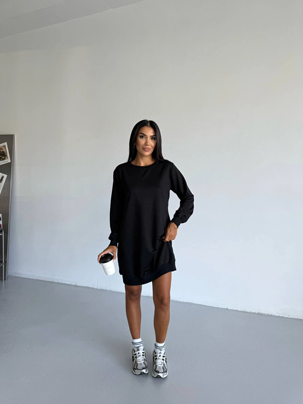 Kadın Siyah Bisiklet Yaka 2 iplik Günlük Rahat Elbise HZL25W-FRY123451-1