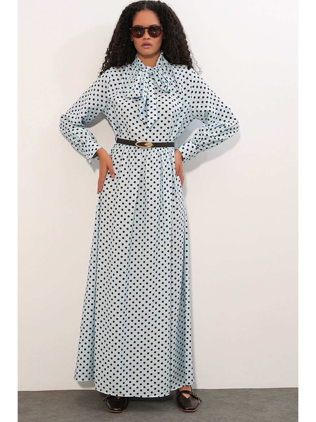 Kadın Kemerli Puantiyeli Tesettür Elbise 2613 - Mavi-2