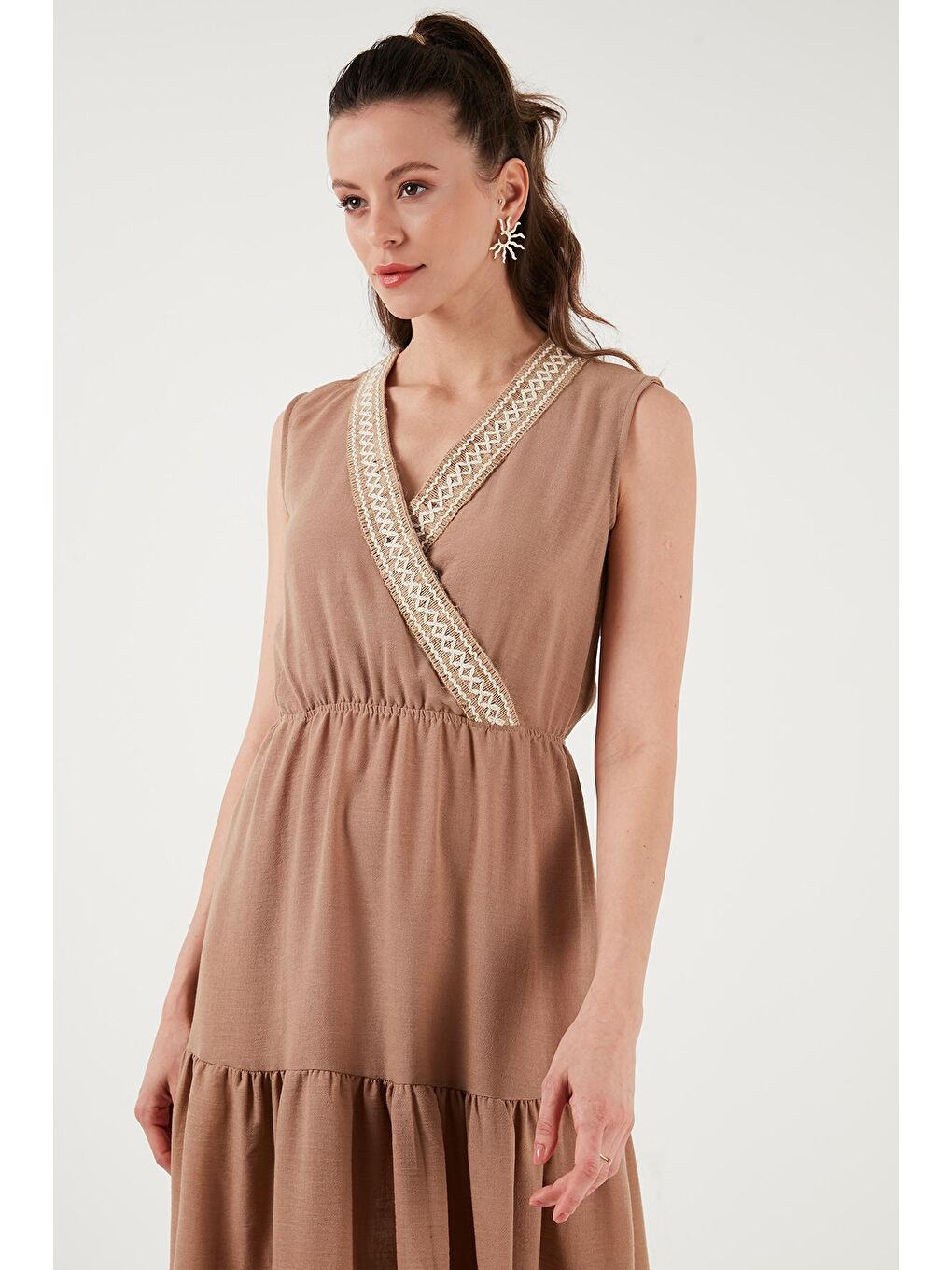 Lela Camel-Kahverengi Regular Fit Kruvaze Yaka Midi Kadın Elbise 6118103 - 3