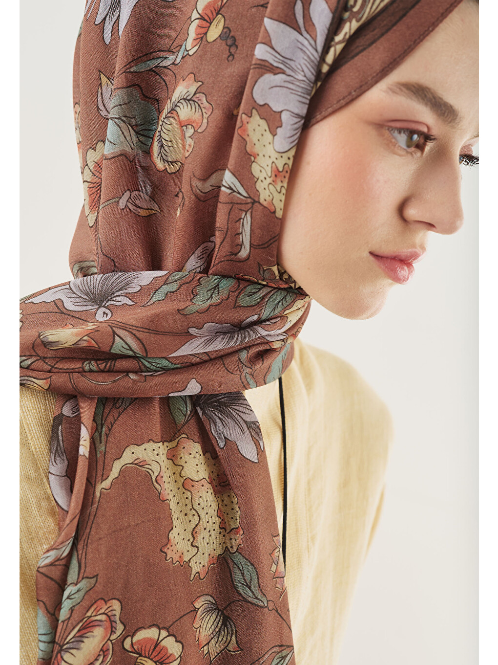 Kahverengi Pure Ethnic Desen Soft Viskon Şal Tarçın Kabuğu-3