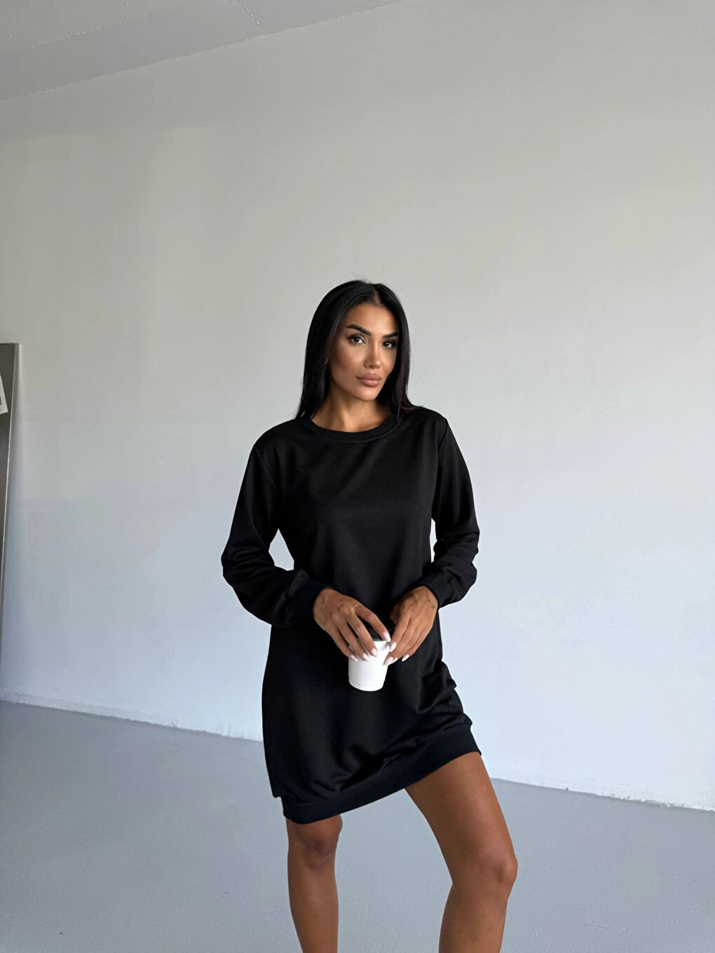 Kadın Siyah Bisiklet Yaka 2 iplik Günlük Rahat Elbise HZL25W-FRY123451-2