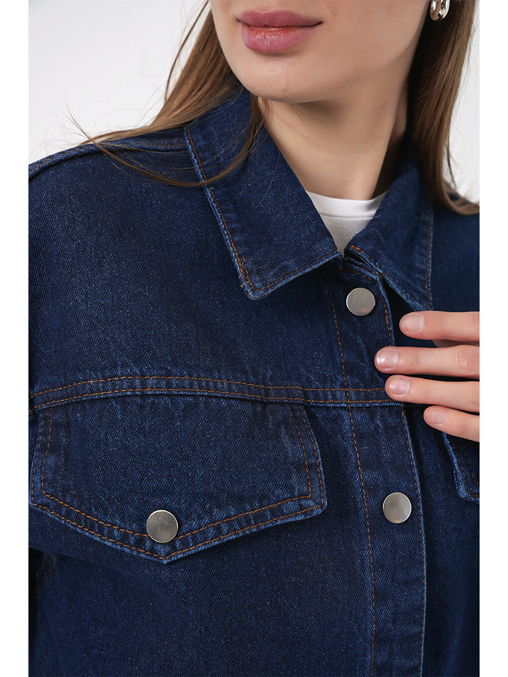 Kadın Boydan Düğmeli Kuşalı Jean Ceket 0740 - Lacivert-5