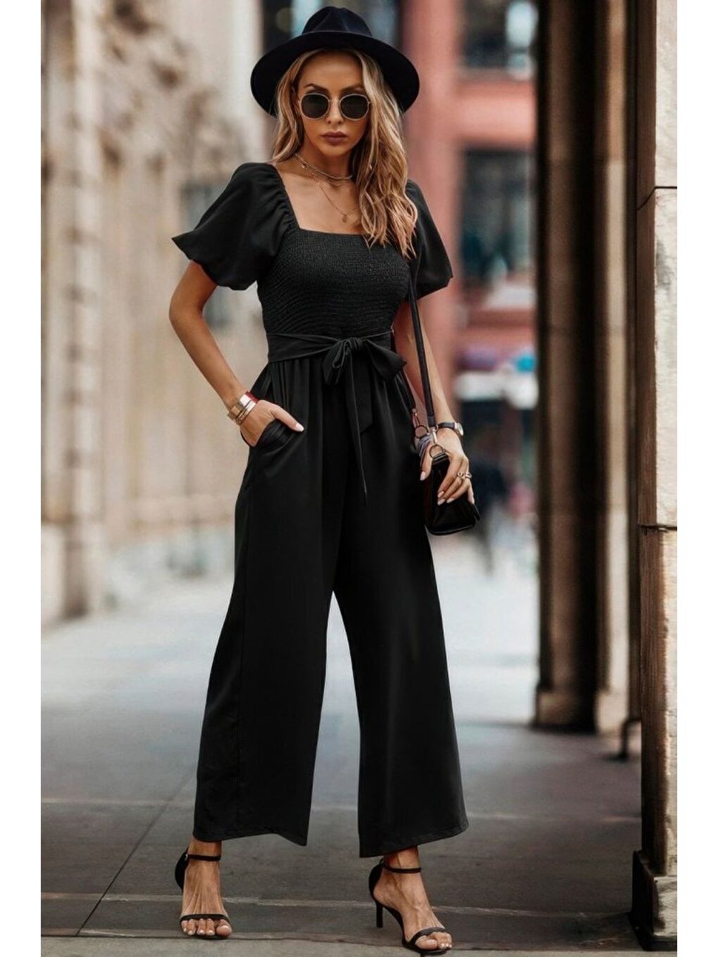 Siyah Kadın Kısa Kollu Kare Yakalı Göğsü Gipeli Belden Kuşaklı Uzun Janjan Tulum-2