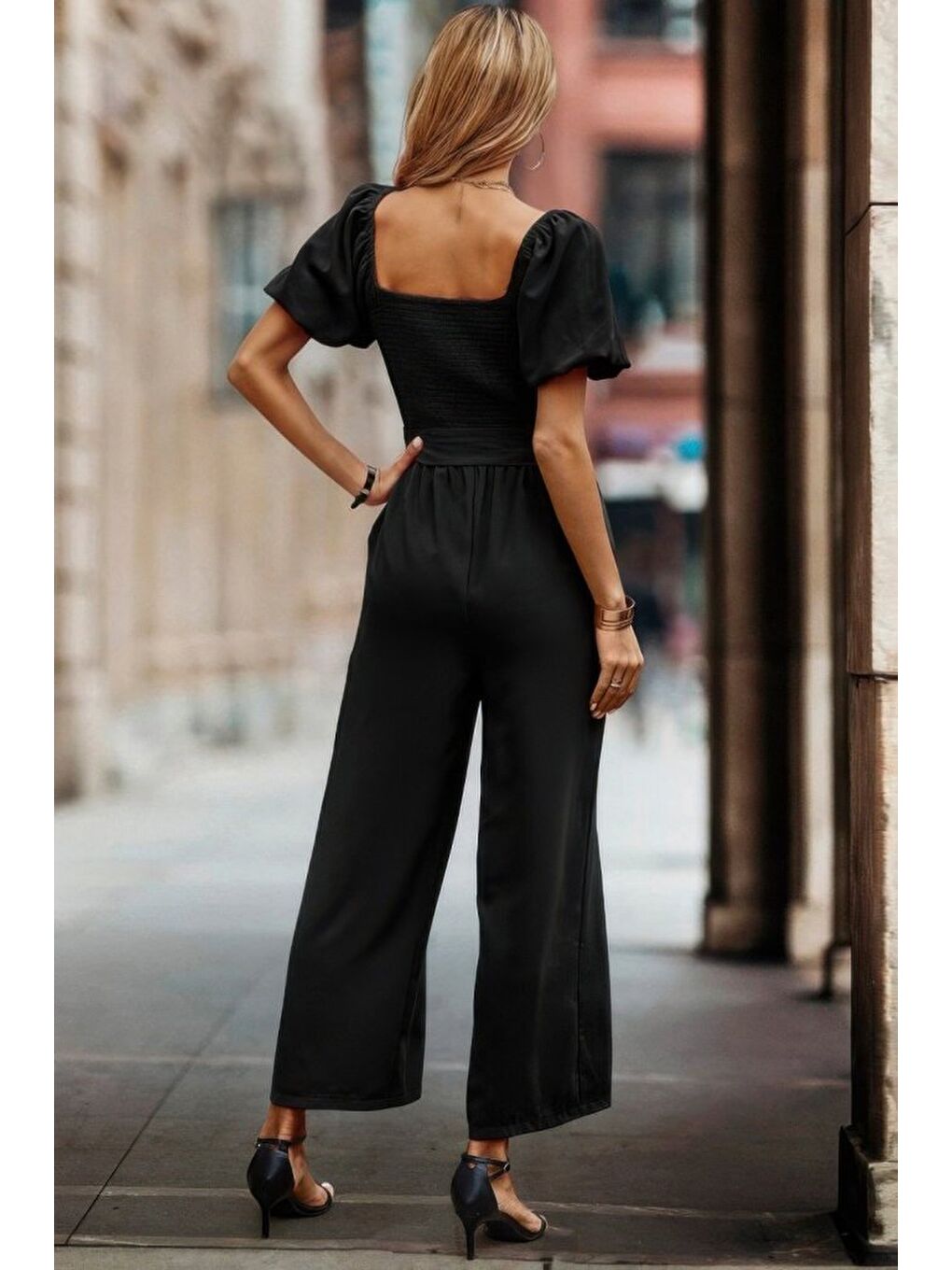 Siyah Kadın Kısa Kollu Kare Yakalı Göğsü Gipeli Belden Kuşaklı Uzun Janjan Tulum-3