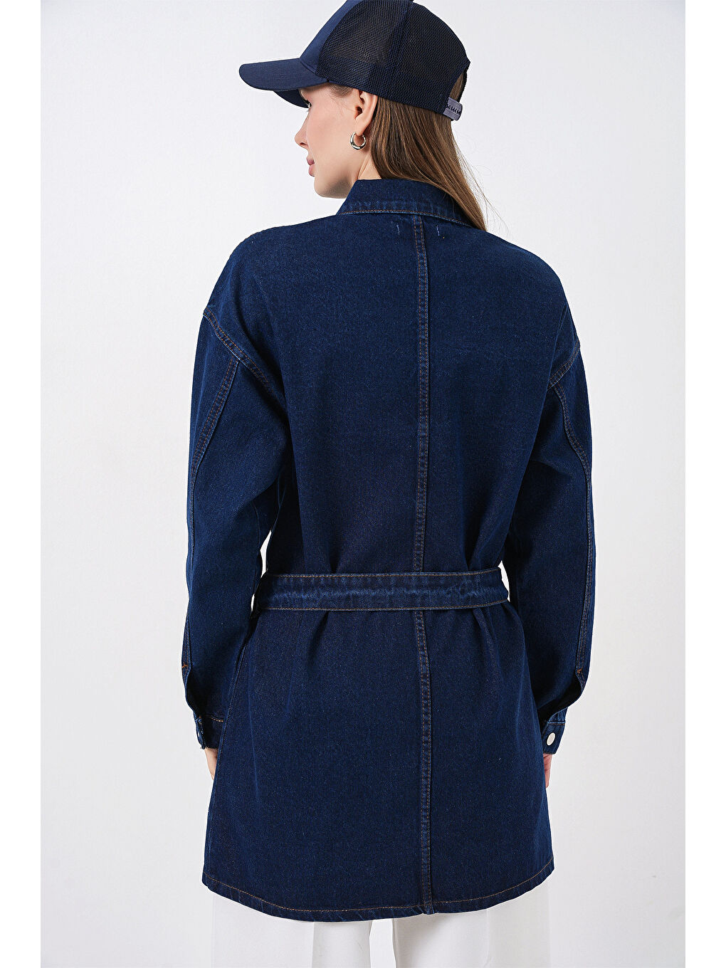 Kadın Boydan Düğmeli Kuşalı Jean Ceket 0740 - Lacivert-6