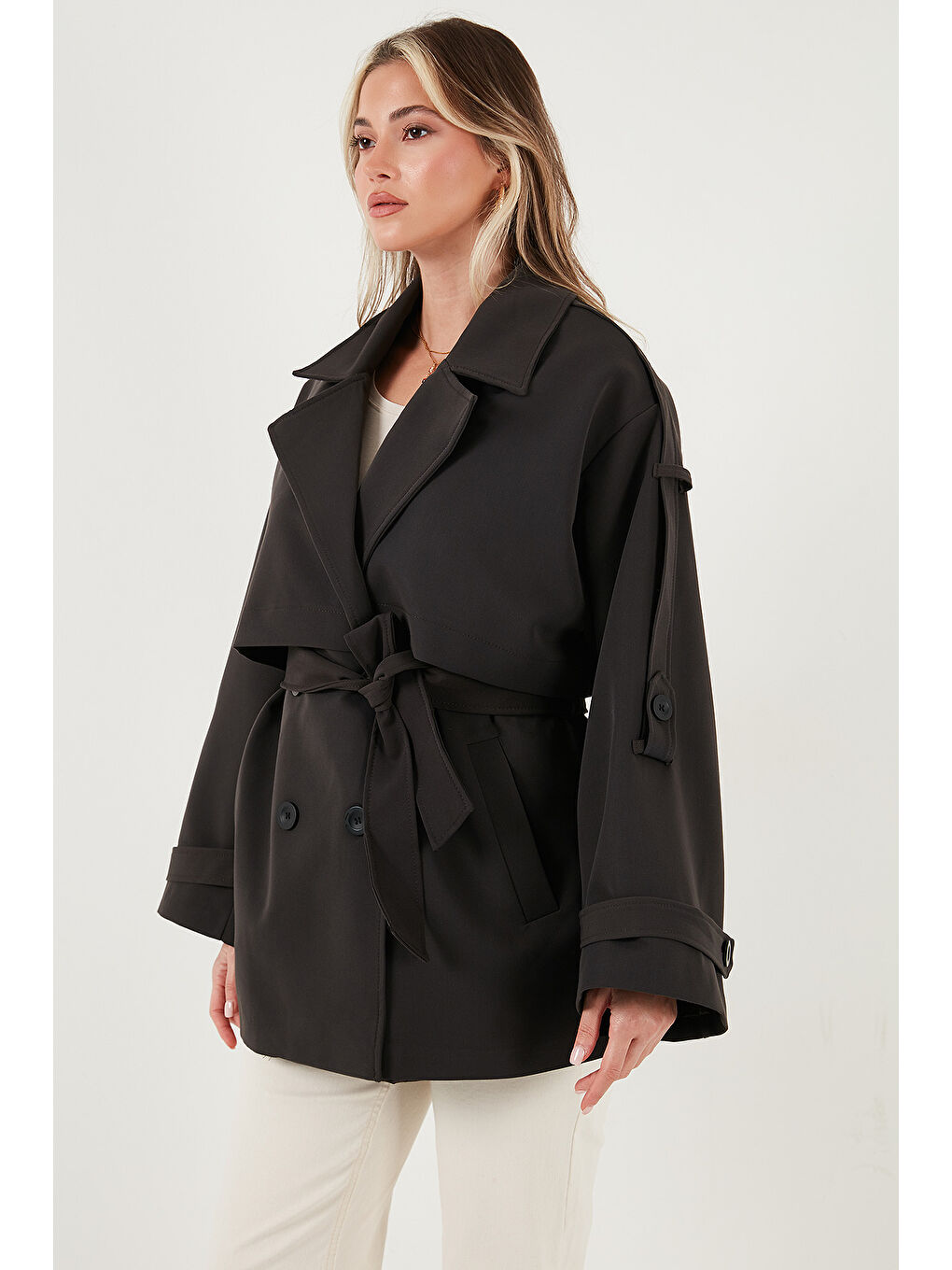 Kahverengi Relaxed Fit Kruvaze Yaka Düğmeli Astarlı Trençkot 6839580-2