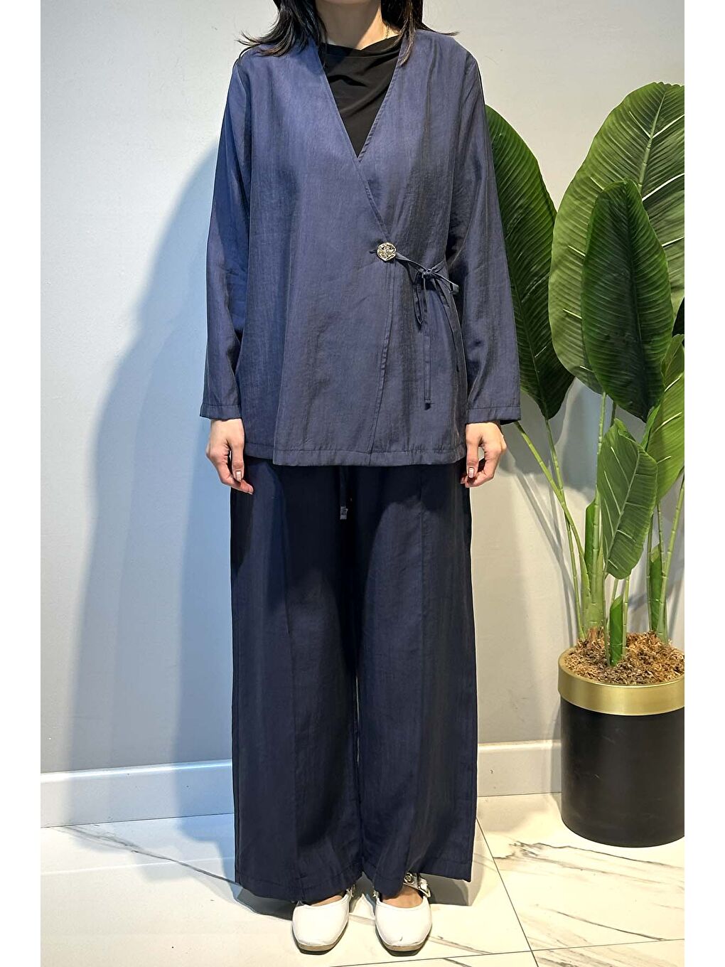 Kruvaze Yaka Yandan Bağlamalı Tesla Takım 2069 Lacivert-1