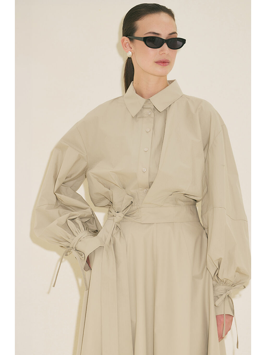 Bej Labeca Bağlamalı Gömlek Taş-7