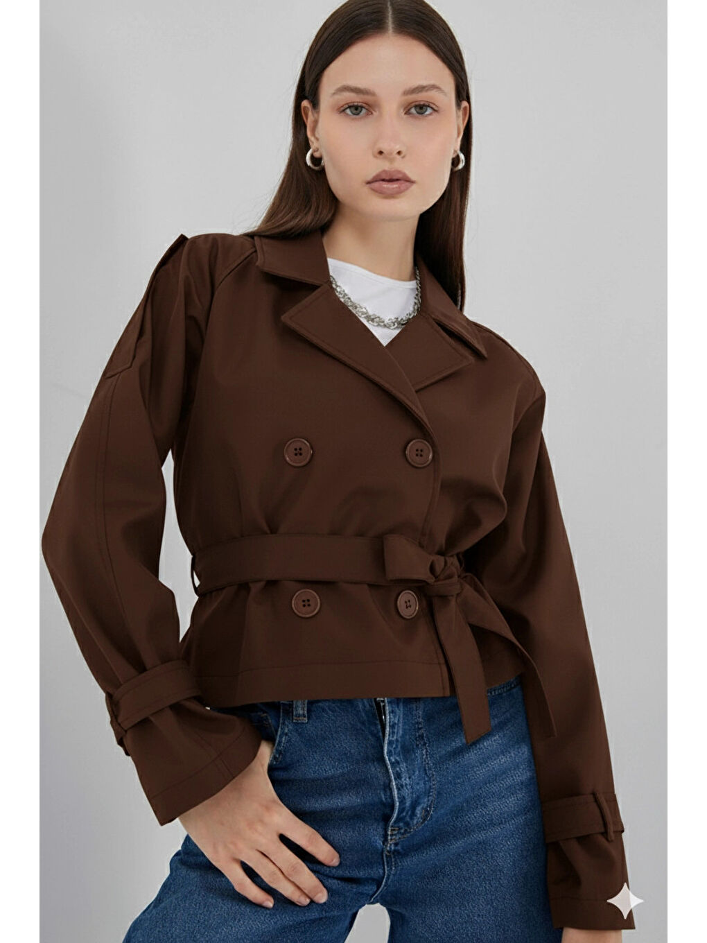 Kadın Kahverengi Kruvaze Yaka Kuşaklı Astarlı Kısa Trençkot HZL25W-BD159701