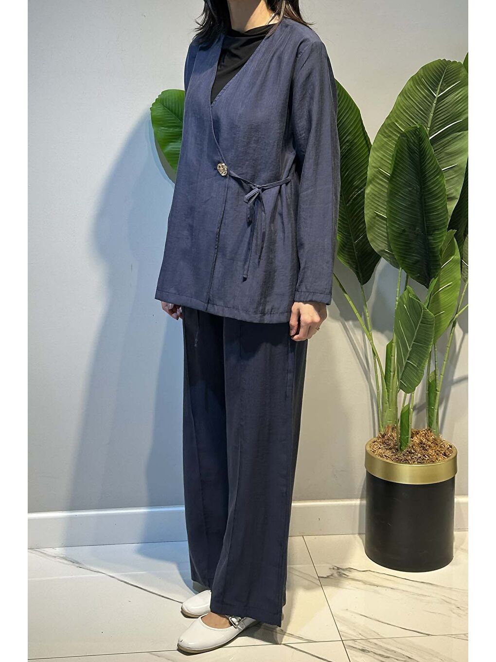 Kruvaze Yaka Yandan Bağlamalı Tesla Takım 2069 Lacivert-2