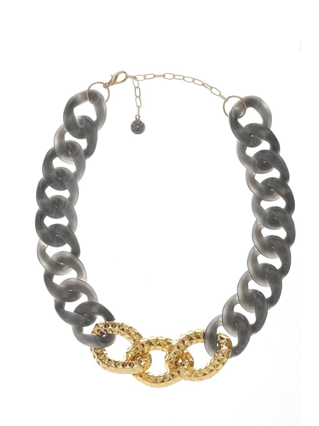 Kadın Kalın Zincir Formlu Dumanlı Gri &Altın Renk Geçirmeli Reçine Kolye