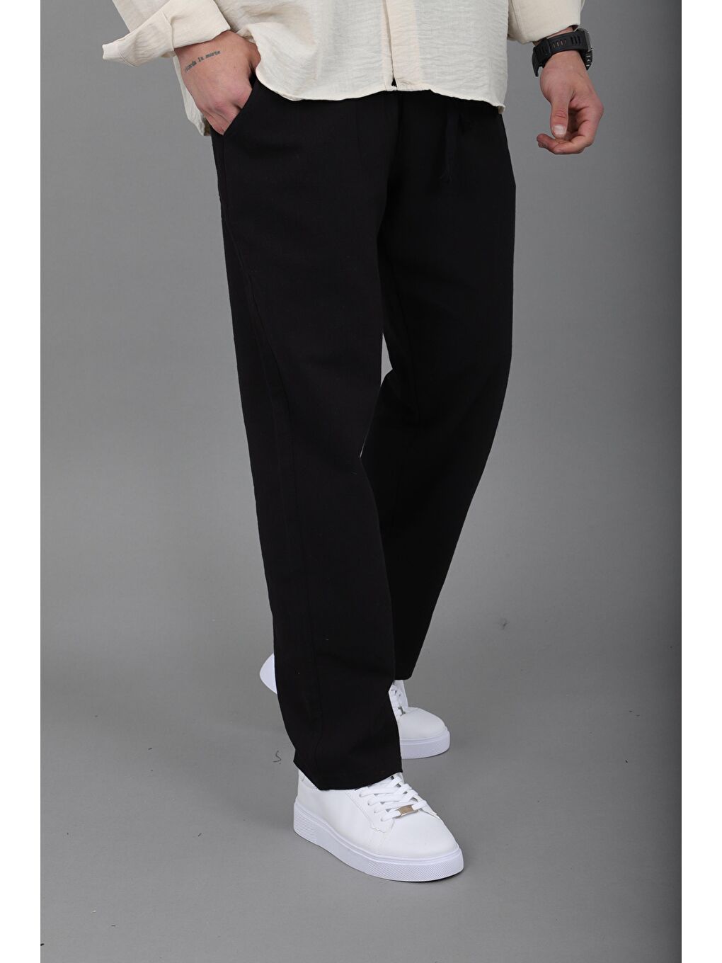 Siyah Yıkamalı Keten Baggy Pantolon SPR 2313_0445