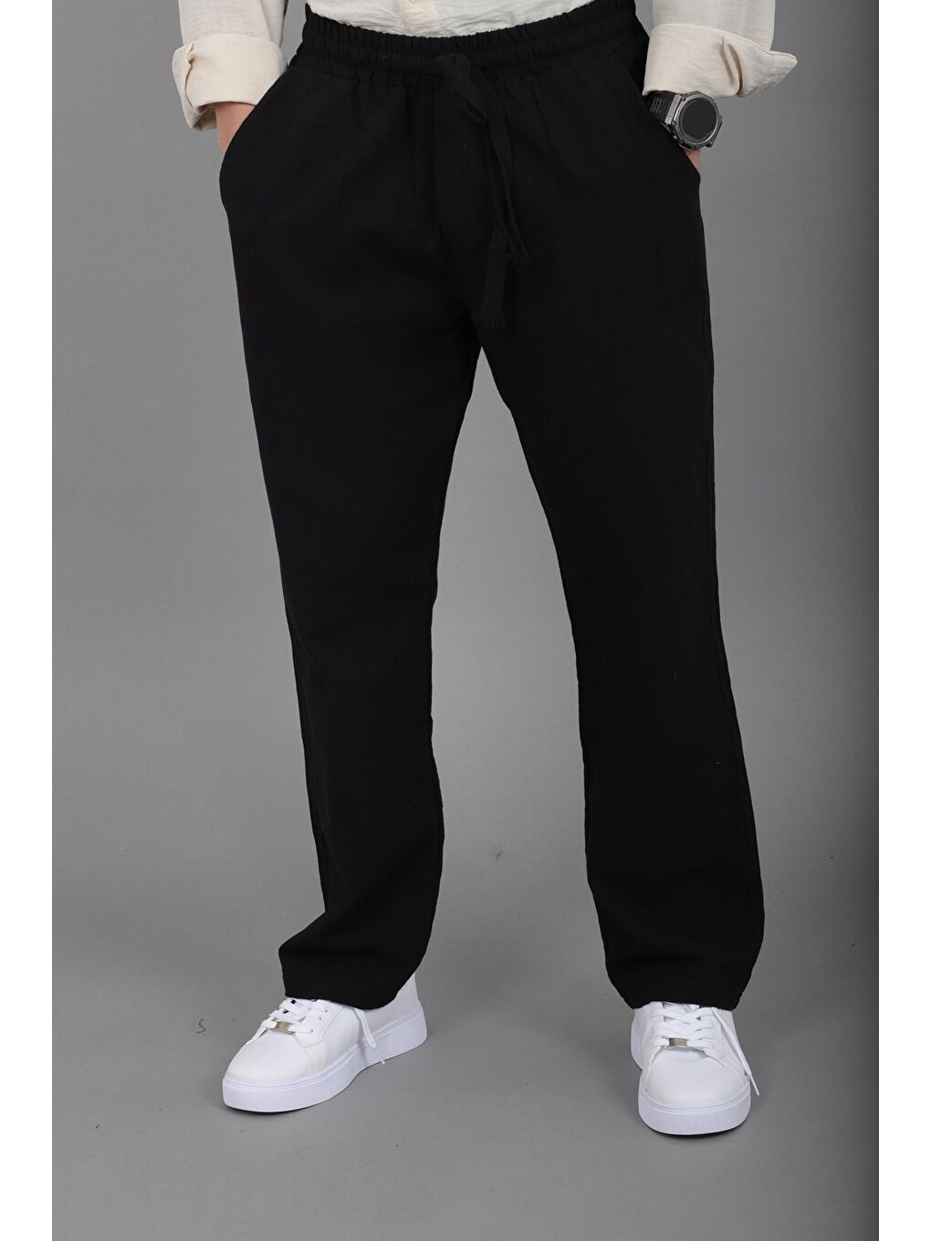 Siyah Yıkamalı Keten Baggy Pantolon SPR 2313_0445-1