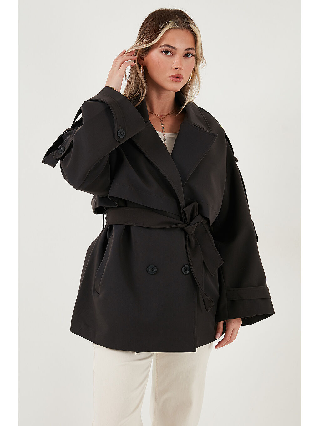 Kahverengi Relaxed Fit Kruvaze Yaka Düğmeli Astarlı Trençkot 6839580-4