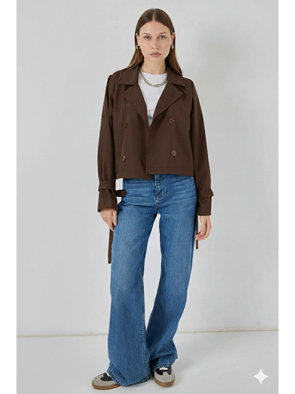 Kadın Kahverengi Kruvaze Yaka Kuşaklı Astarlı Kısa Trençkot HZL25W-BD159701-1