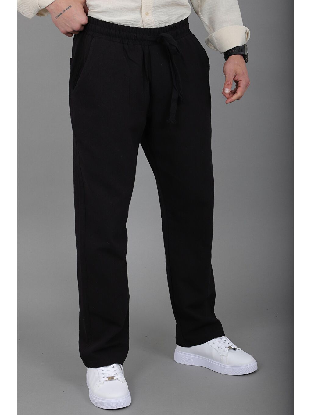 Siyah Yıkamalı Keten Baggy Pantolon SPR 2313_0445-2