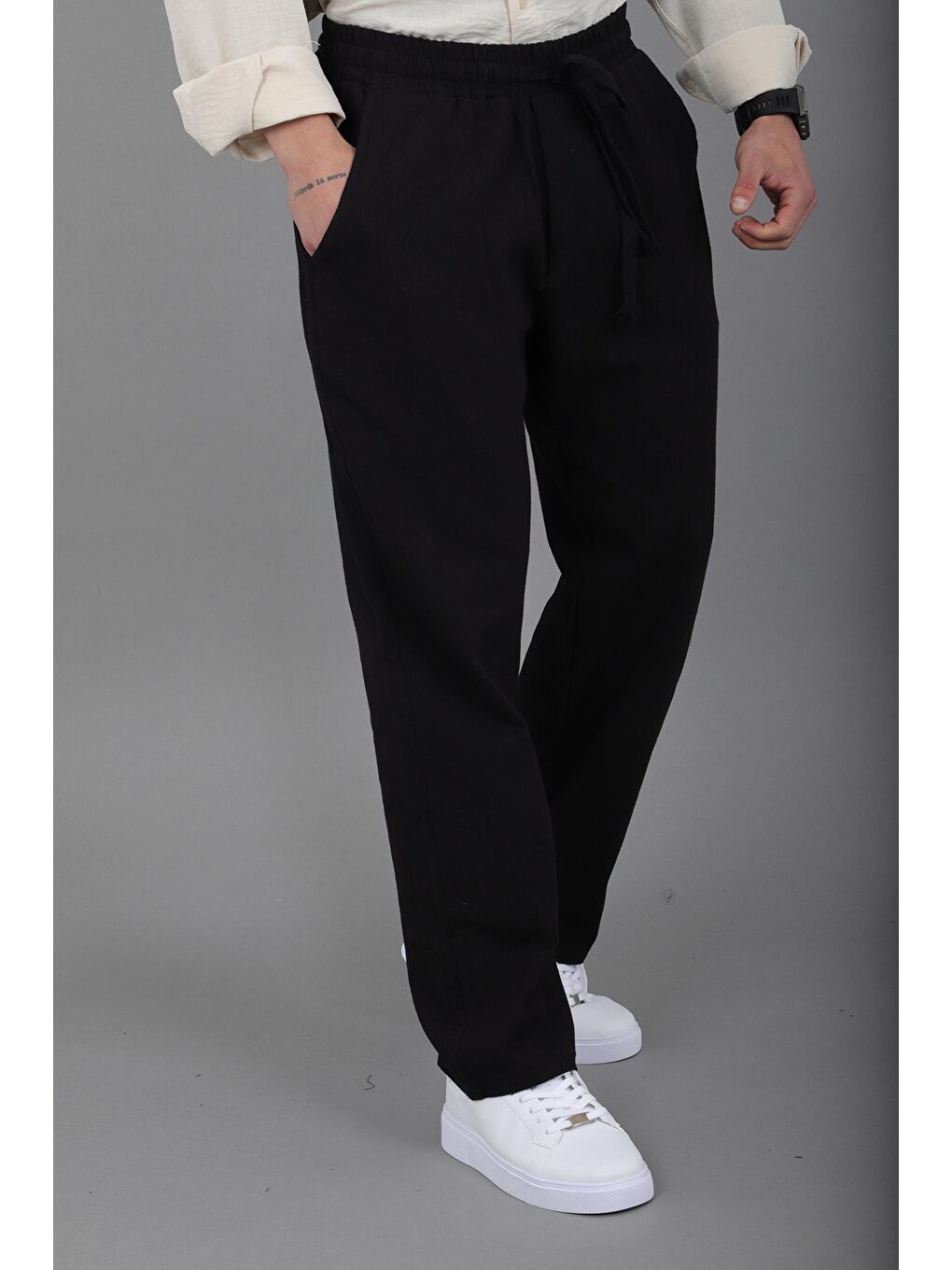 Siyah Yıkamalı Keten Baggy Pantolon SPR 2313_0445-3