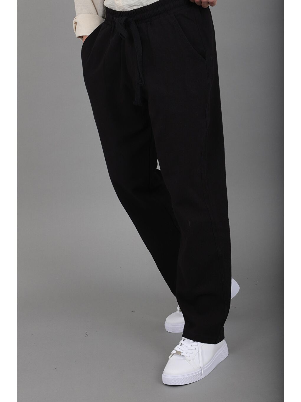 Siyah Yıkamalı Keten Baggy Pantolon SPR 2313_0445-4