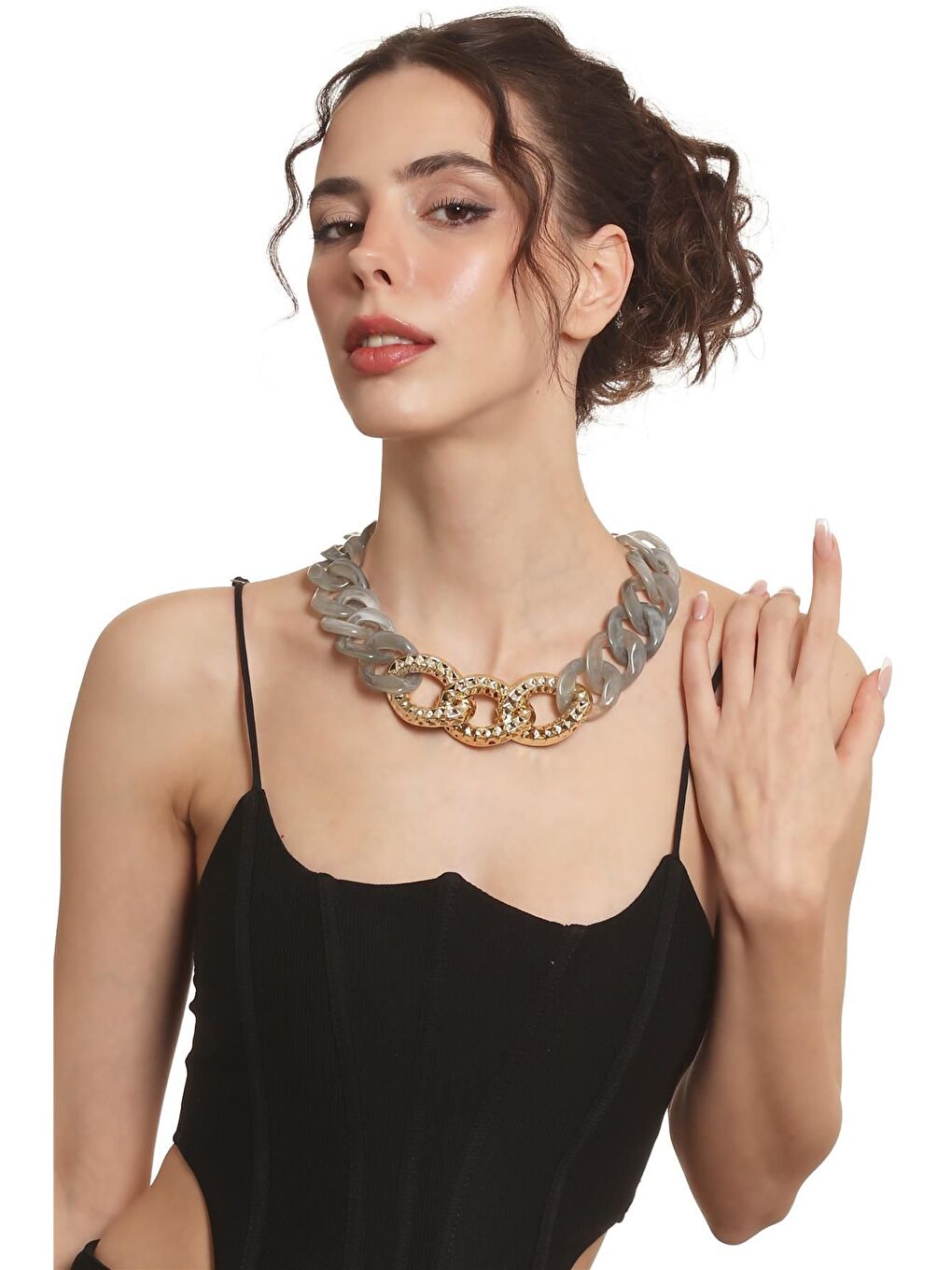 Kadın Kalın Zincir Formlu Dumanlı Gri &Altın Renk Geçirmeli Reçine Kolye-1