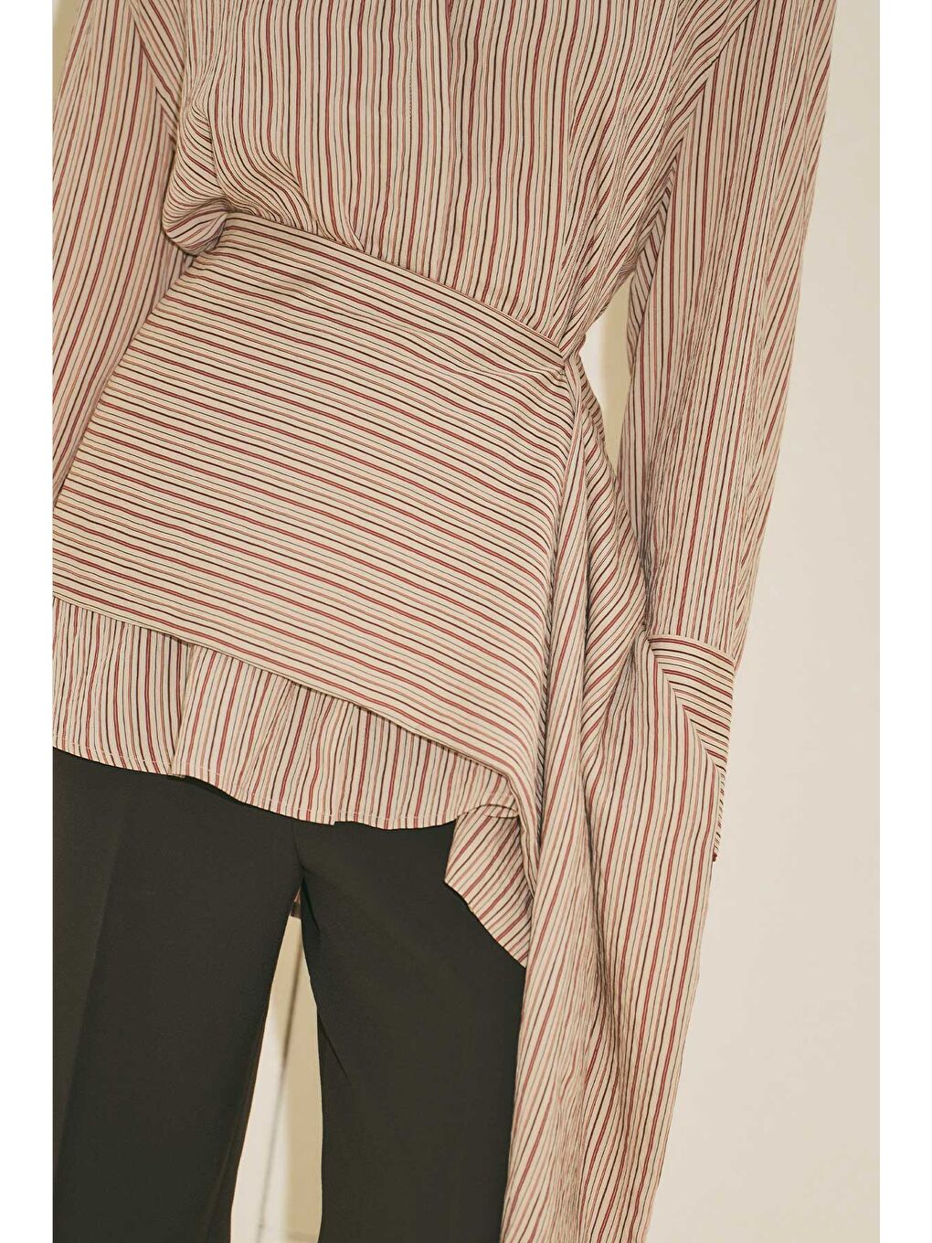 Kahverengi Kemer Detaylı Çizgili Gömlek Kiremit-4