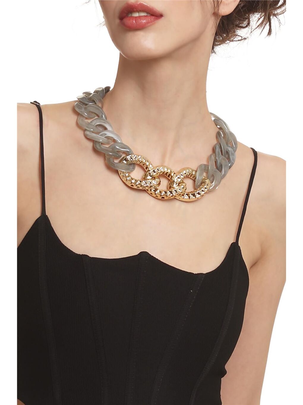 Kadın Kalın Zincir Formlu Dumanlı Gri &Altın Renk Geçirmeli Reçine Kolye-2