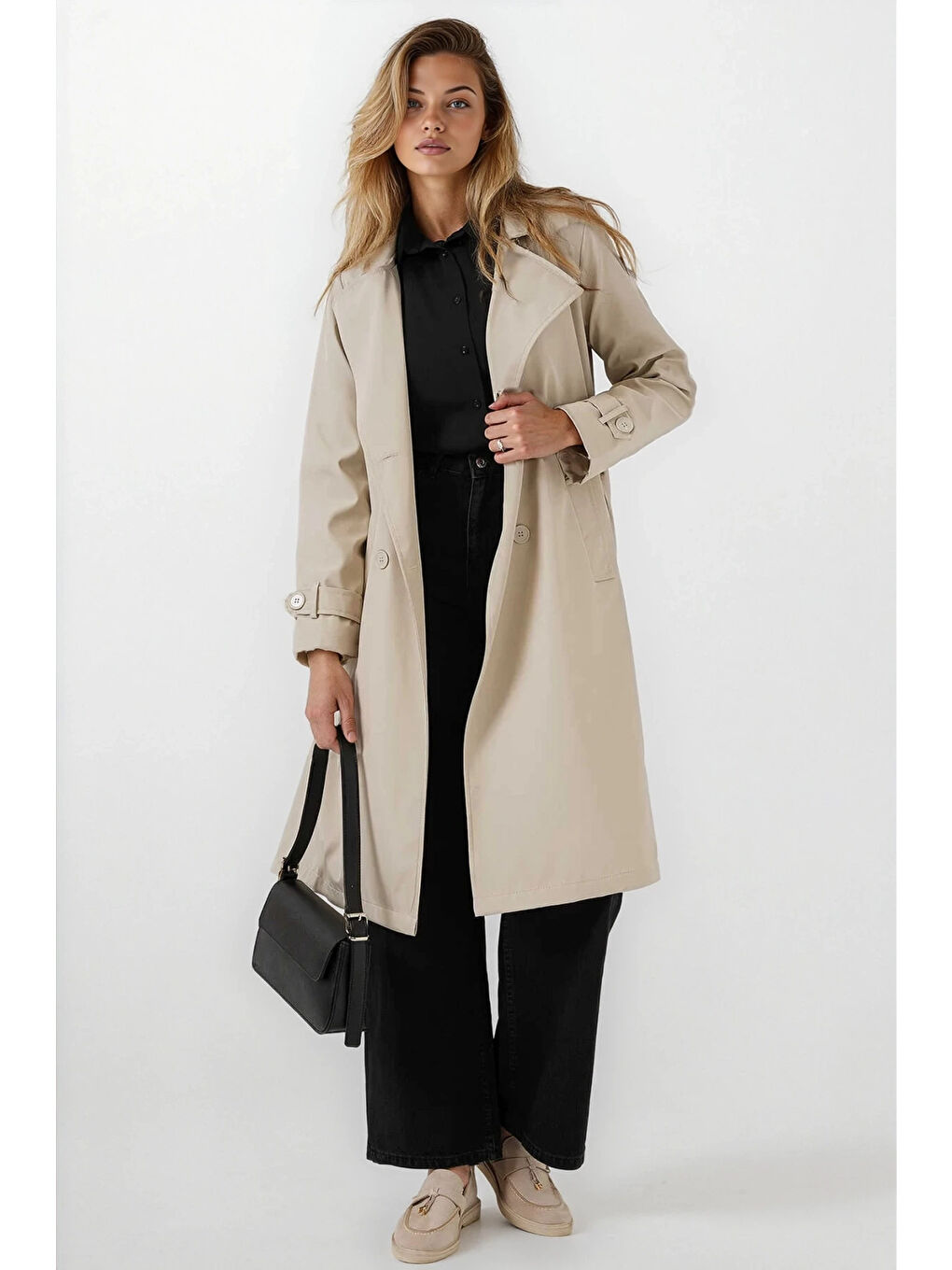 Kadın Bej Kruvaze Yaka Kuşaklı Astarlı Trençkot HZL25W-BD159181-1