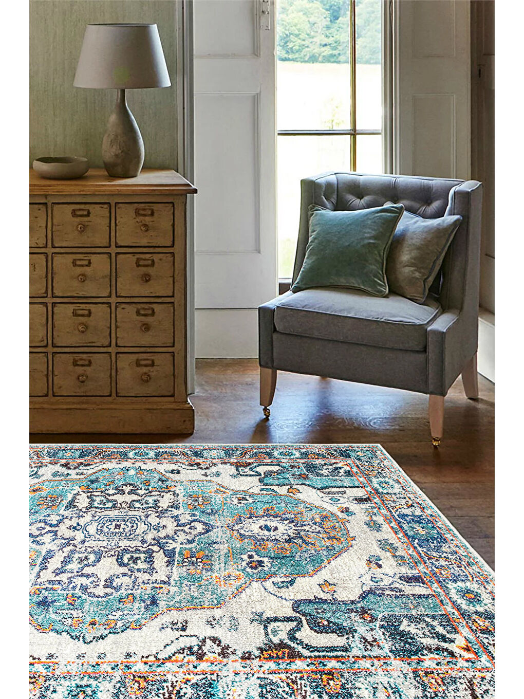 Mavi Dekoratif Özel Tasarım Yıkanabilir İnce Kaymaz Tabanlı Modern Halı KECE FR08-1