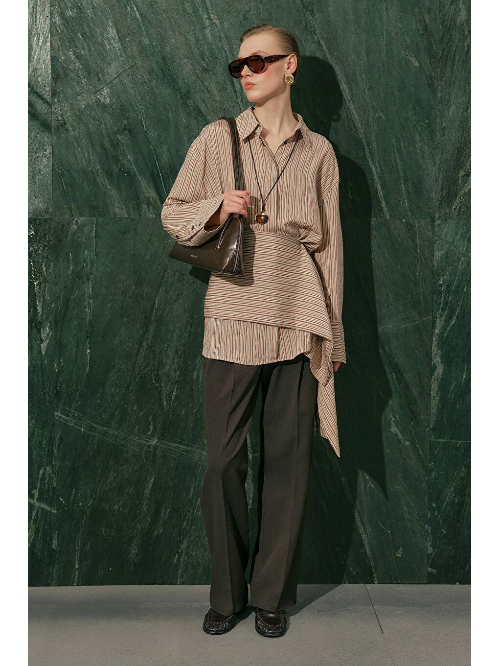 Kahverengi Kemer Detaylı Çizgili Gömlek Kiremit-8