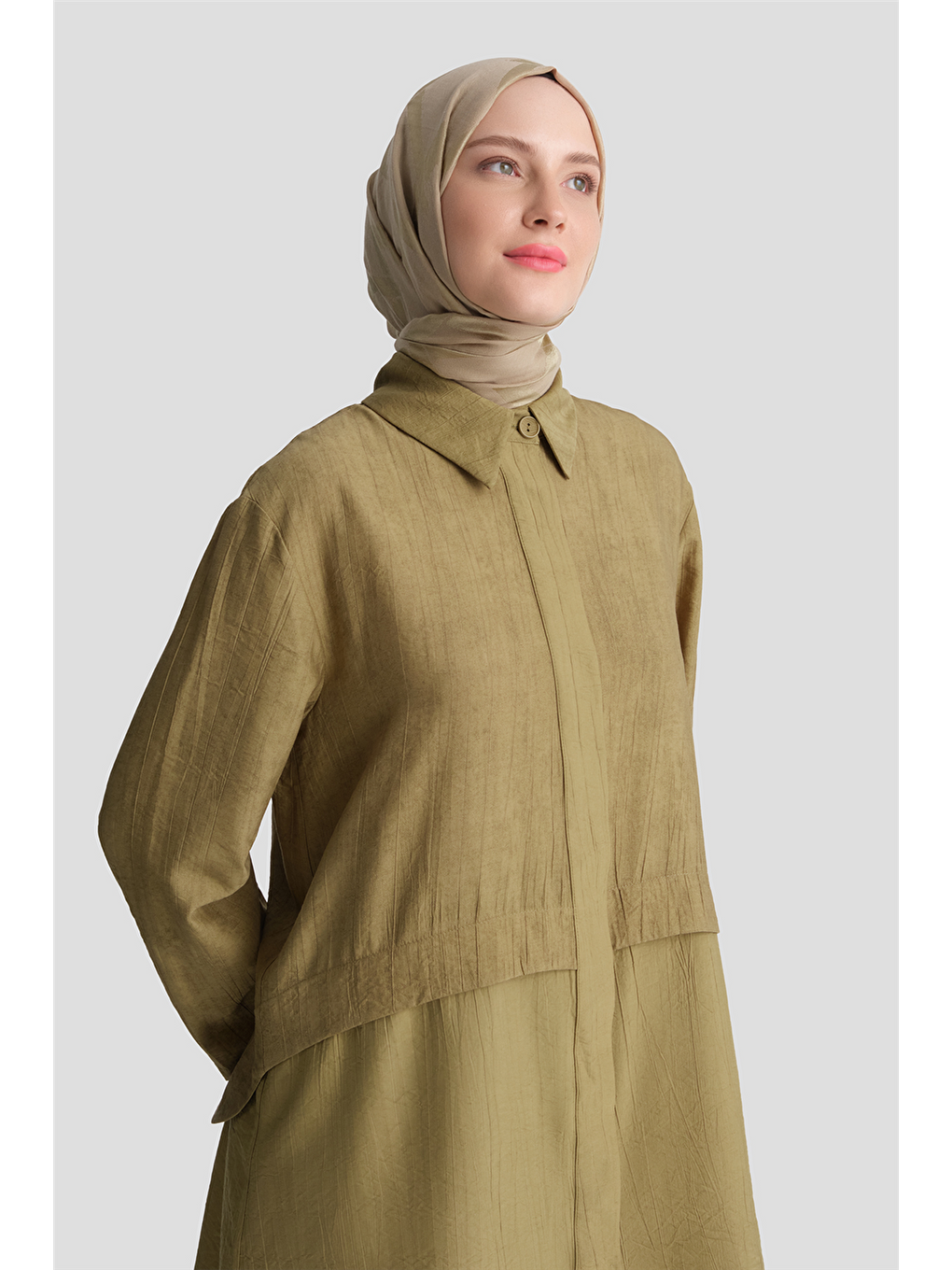 Efektli Kumaş Mixli Tunik Yağ Yeşili-3
