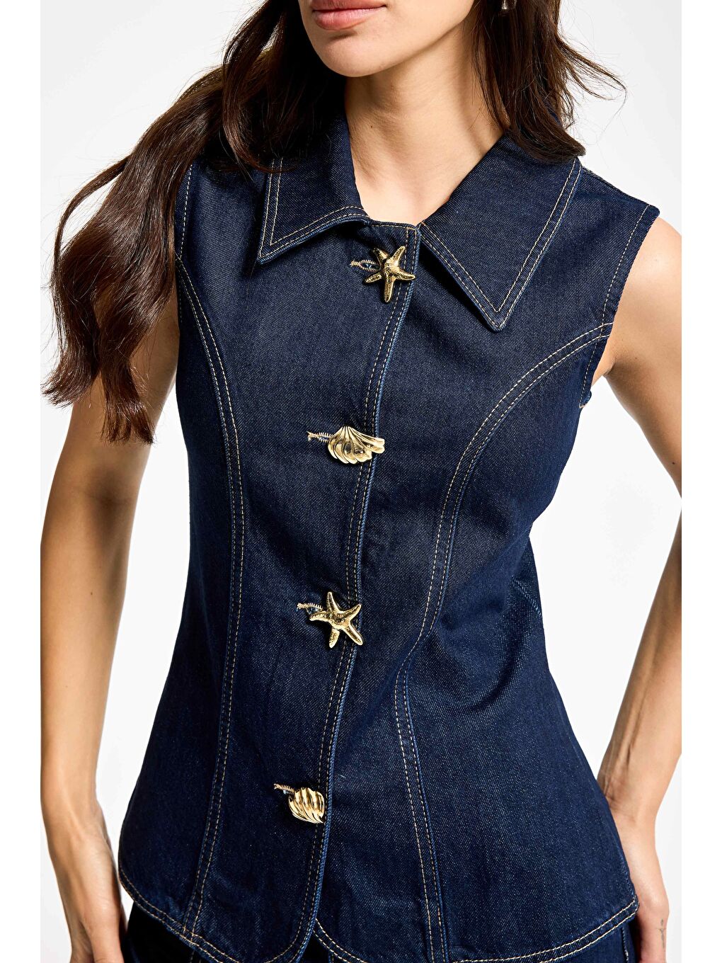 Kadın İndigo Renk 7s6-50 Önü Tasarım Düğmeli Denim Sıfır Kol Yelek