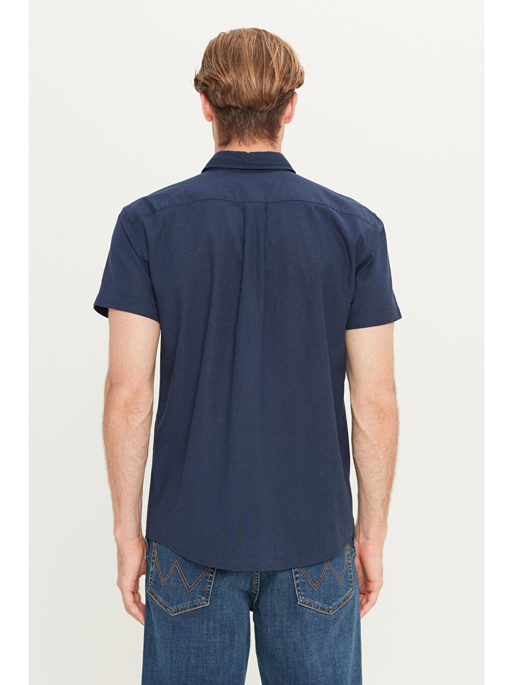 Lacivert Regular Fit Normal Kesim Kısa Kollu Düğmeli Yaka Keten Gömlek-4