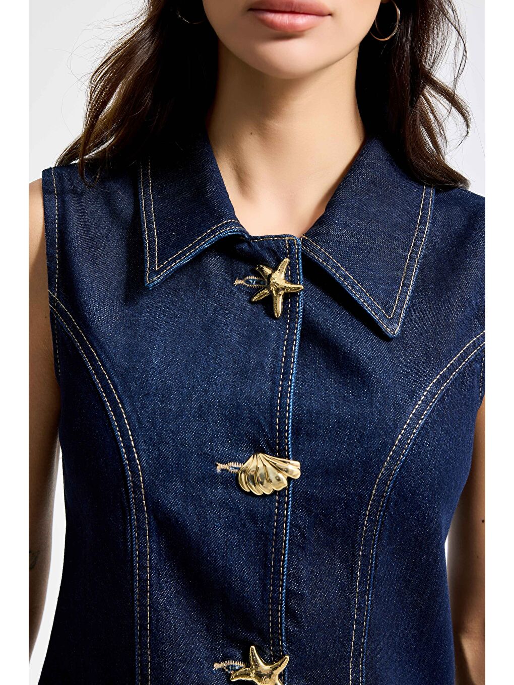 Kadın İndigo Renk 7s6-50 Önü Tasarım Düğmeli Denim Sıfır Kol Yelek-3