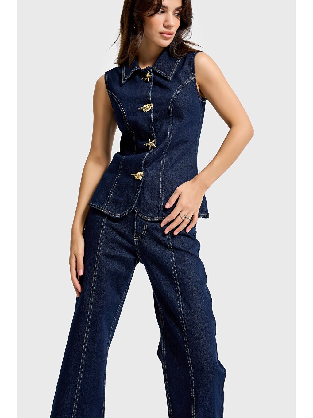 Kadın İndigo Renk 7s6-50 Önü Tasarım Düğmeli Denim Sıfır Kol Yelek-4
