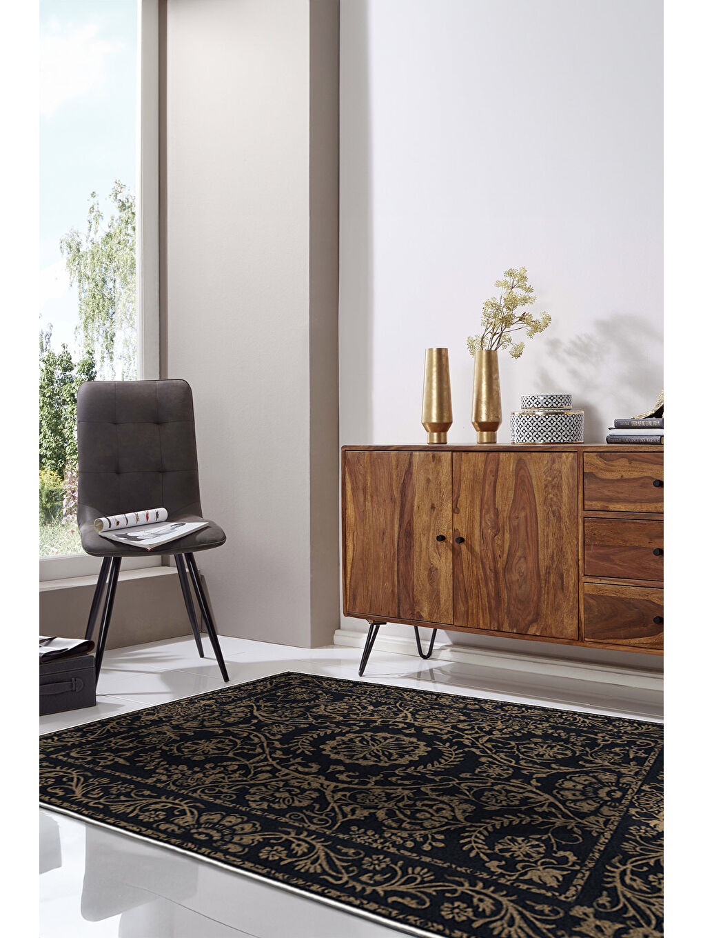 Siyah Dekoratif Özel Tasarım Yıkanabilir İnce Kaymaz Tabanlı Modern Halı KECE FR11-2