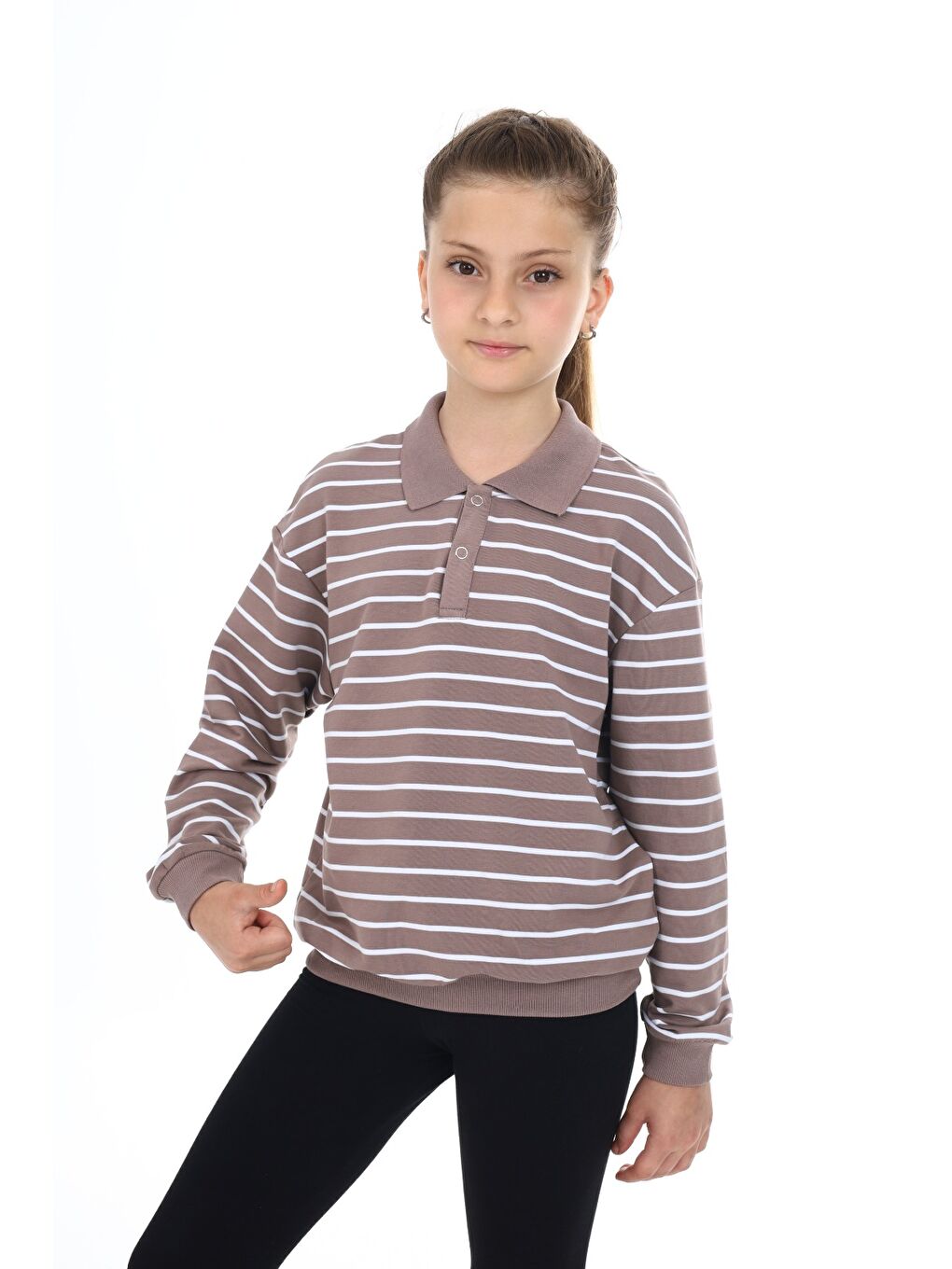 Kahverengi Kız Çocuk Çizgili Sweatshirt-1